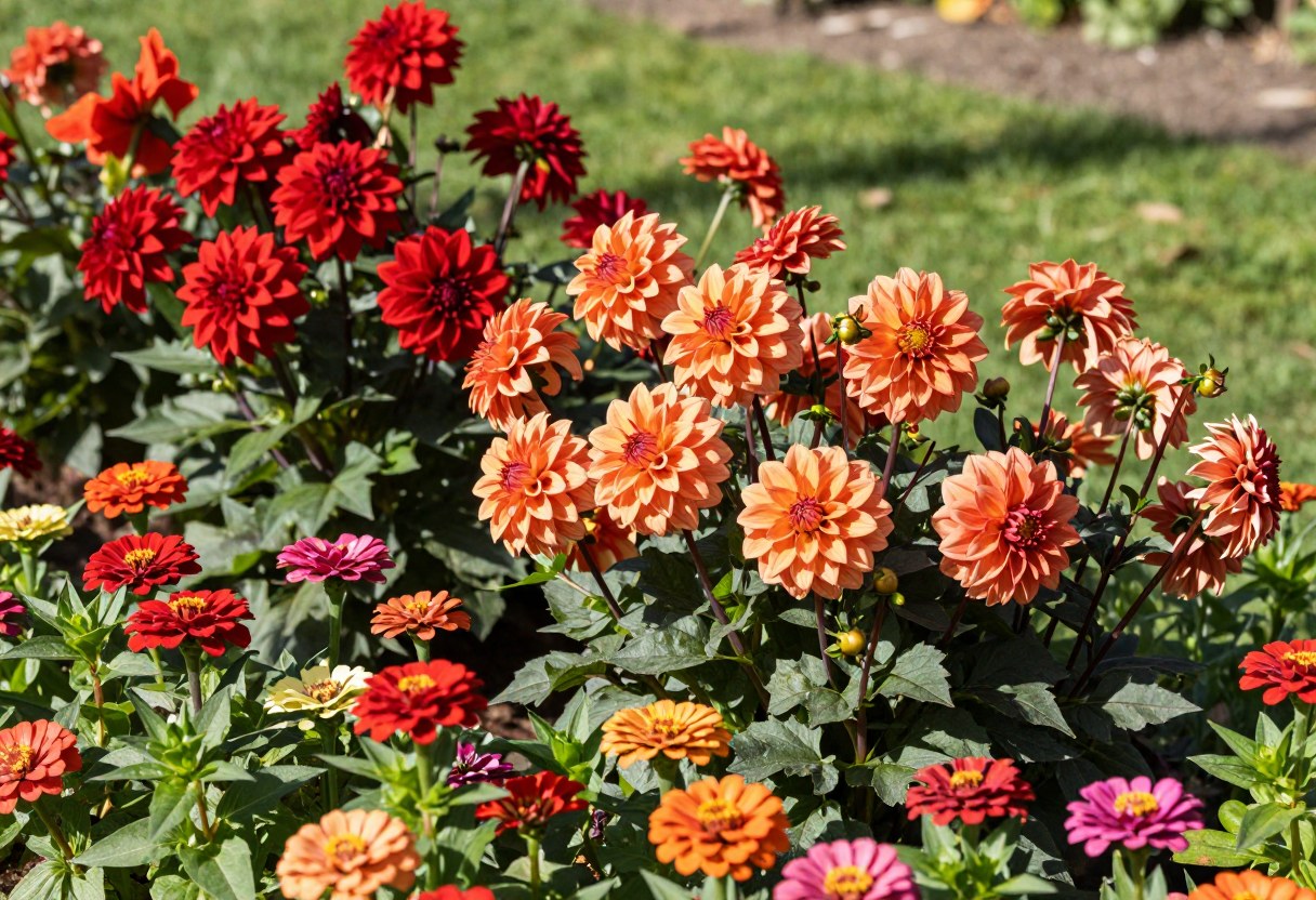 A vibrant garden border packed with red and orange dahlias, cannas, and zinnias in full bloom under bright sunlight