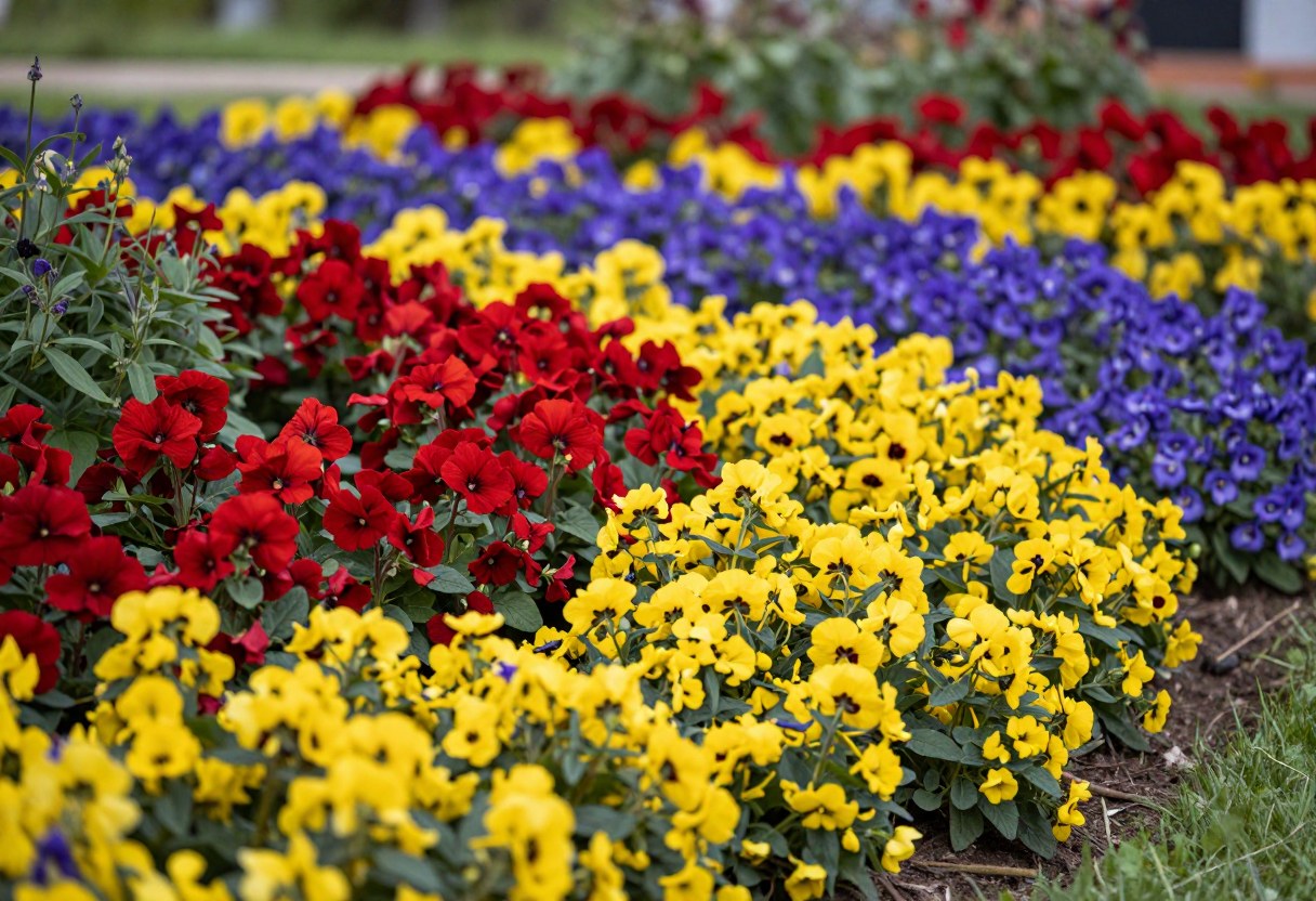 A wide flowering perennial garden border with layered color zones of red, yellow, and purple flowers