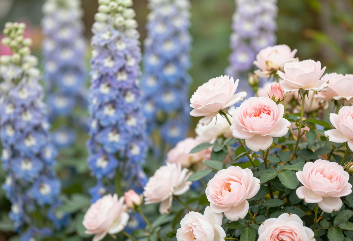 A soft pastel garden border with blush pink roses, powder blue delphiniums, and pale lavender flowers