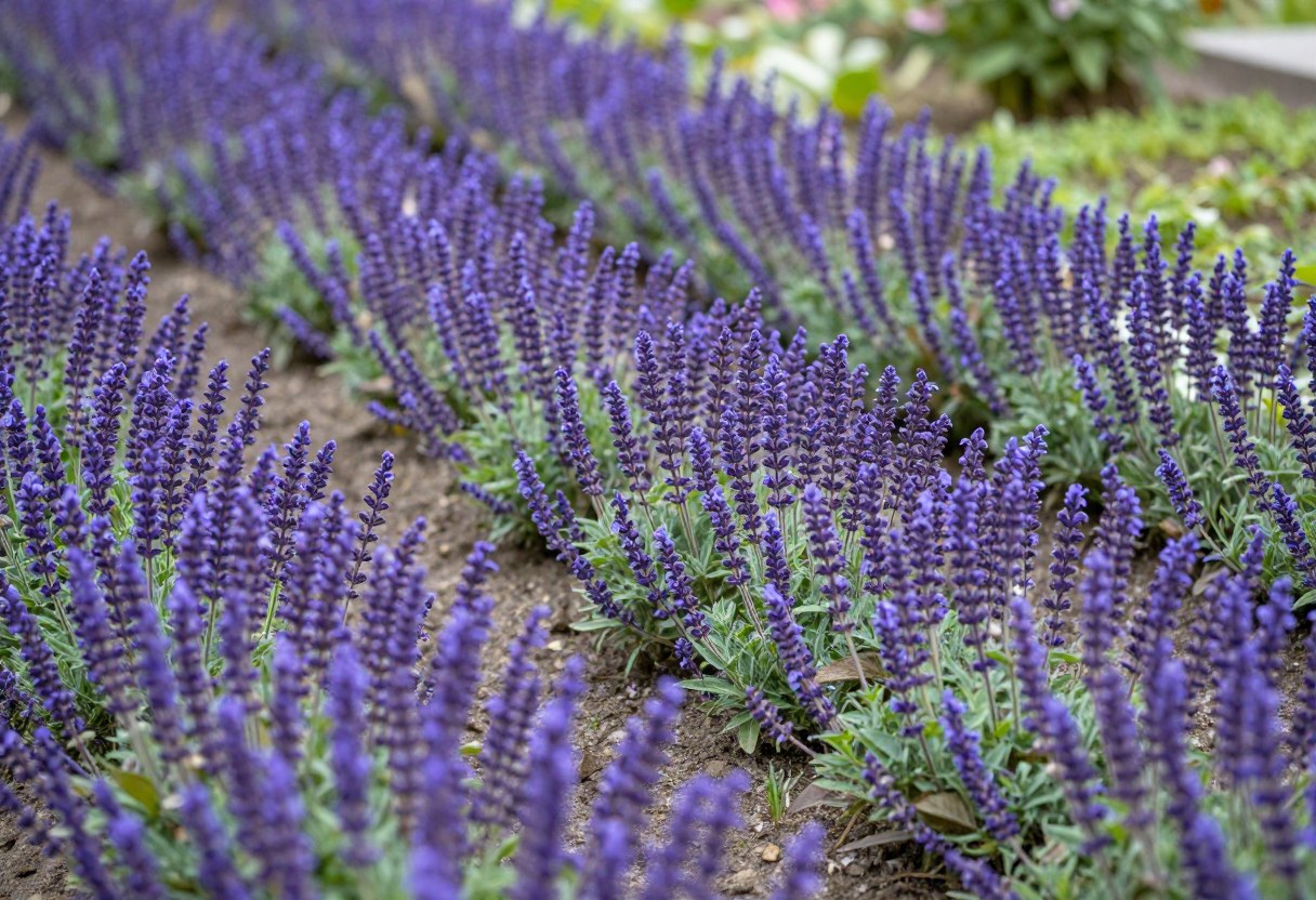 A mass planting of purple salvia and catmint repeated in flowing drifts along a garden border