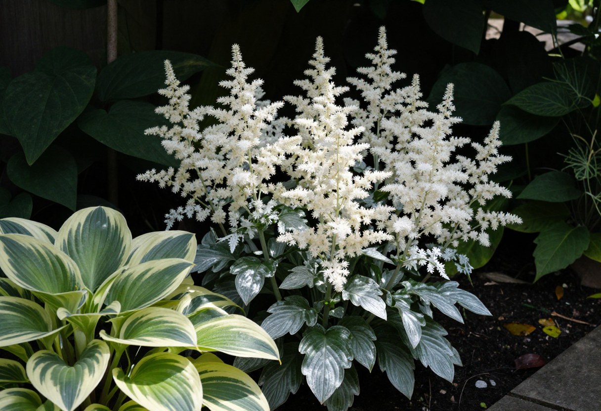 White astilbe flowers and variegated hostas glowing in a deeply shaded garden corner
