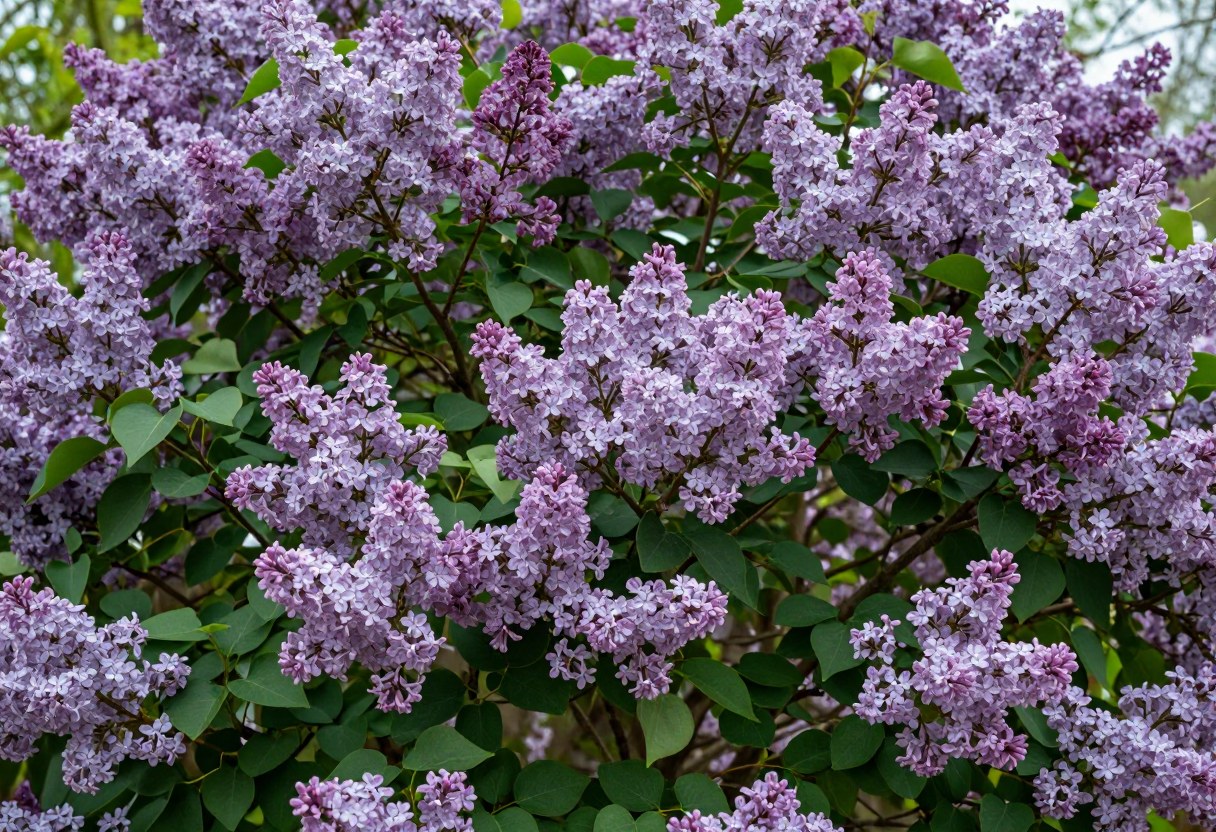 A large lilac shrub covered in dense purple flower clusters in full spring bloom