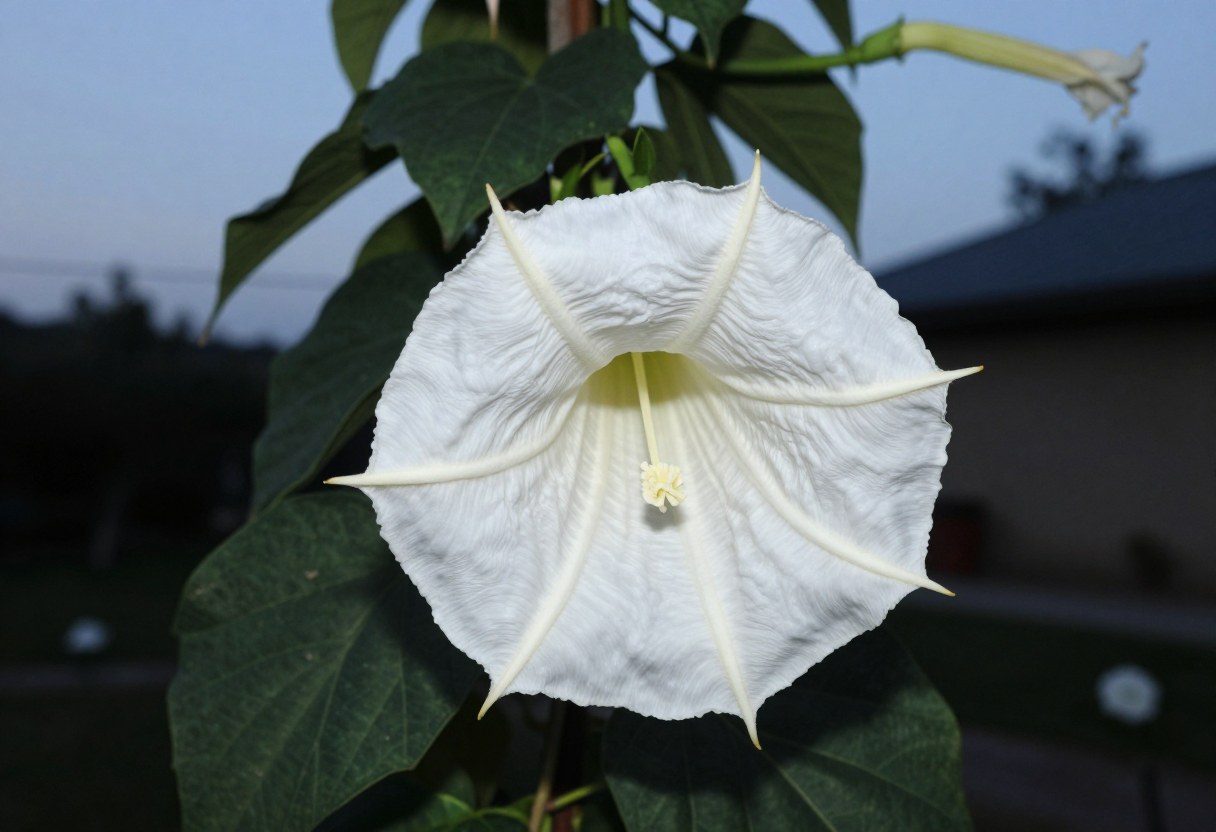 A large white moonflower bloom open at dusk on a climbing vine, twilight garden setting