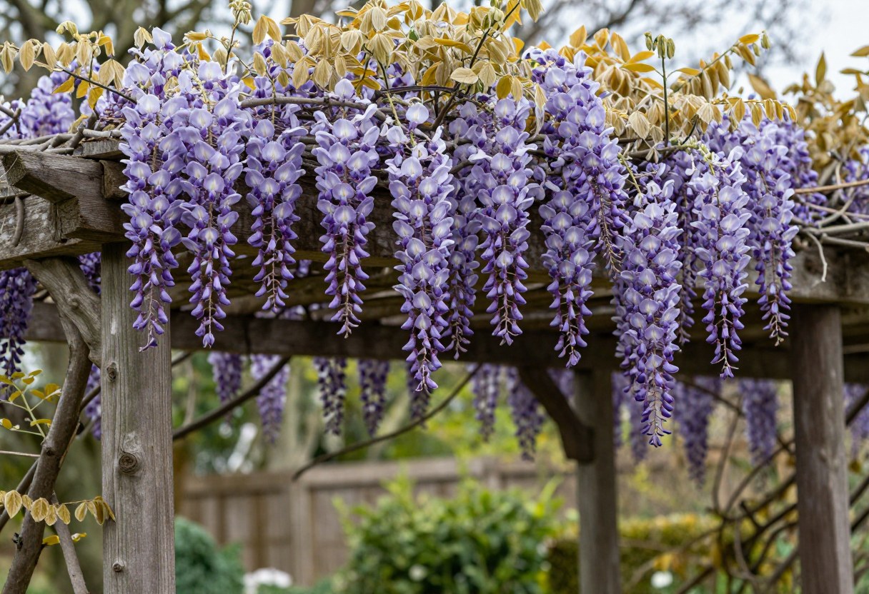 Cascading purple wisteria blooms covering a wooden garden pergola