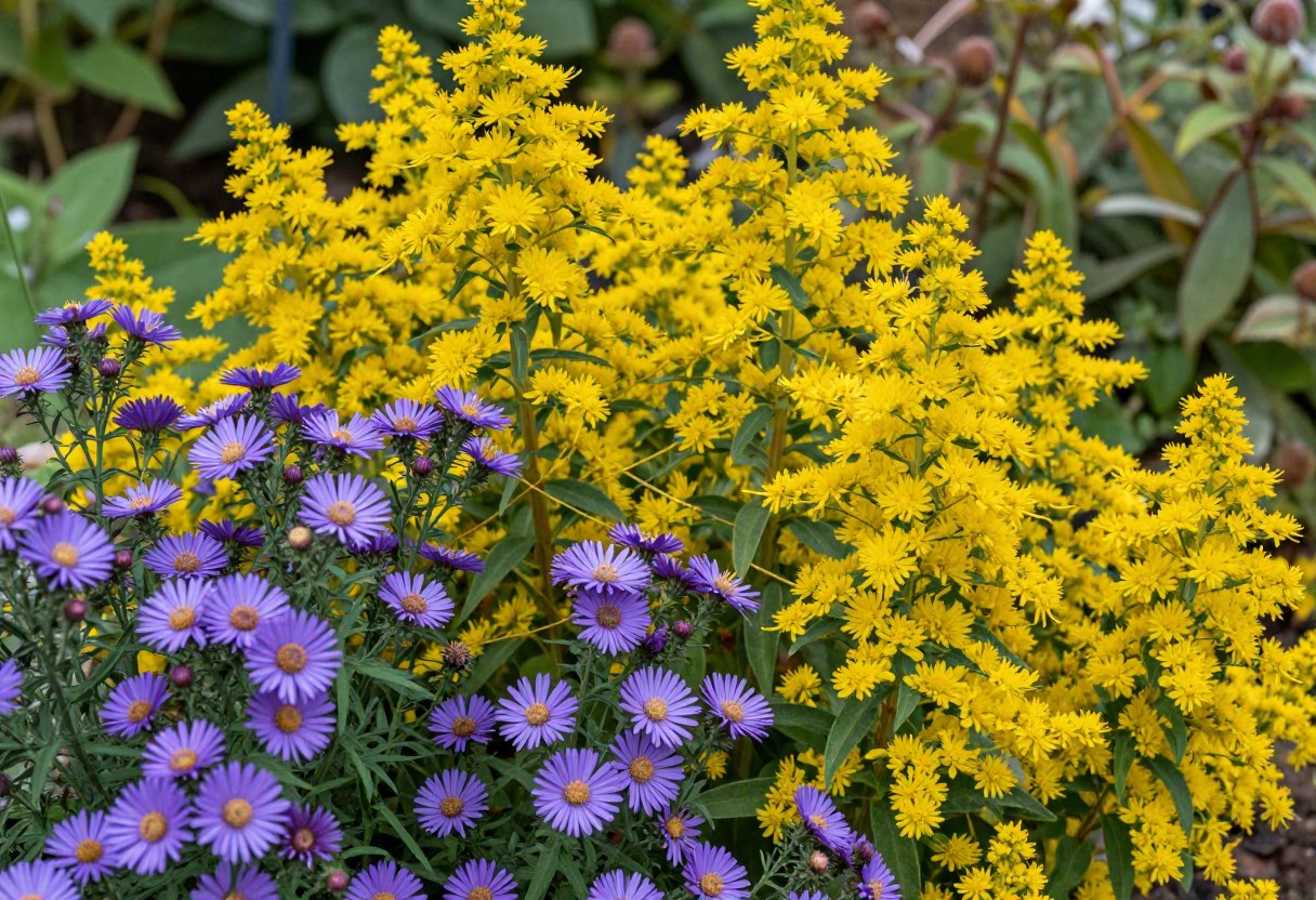 Golden yellow goldenrod and purple asters blooming together in a fall pollinator garden