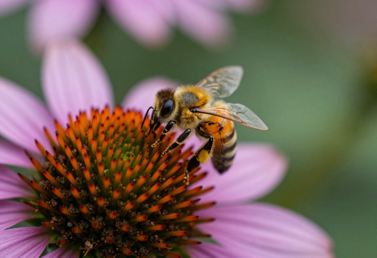 A honeybee gathering pollen on a purple coneflower blossom, close up macro garden photography