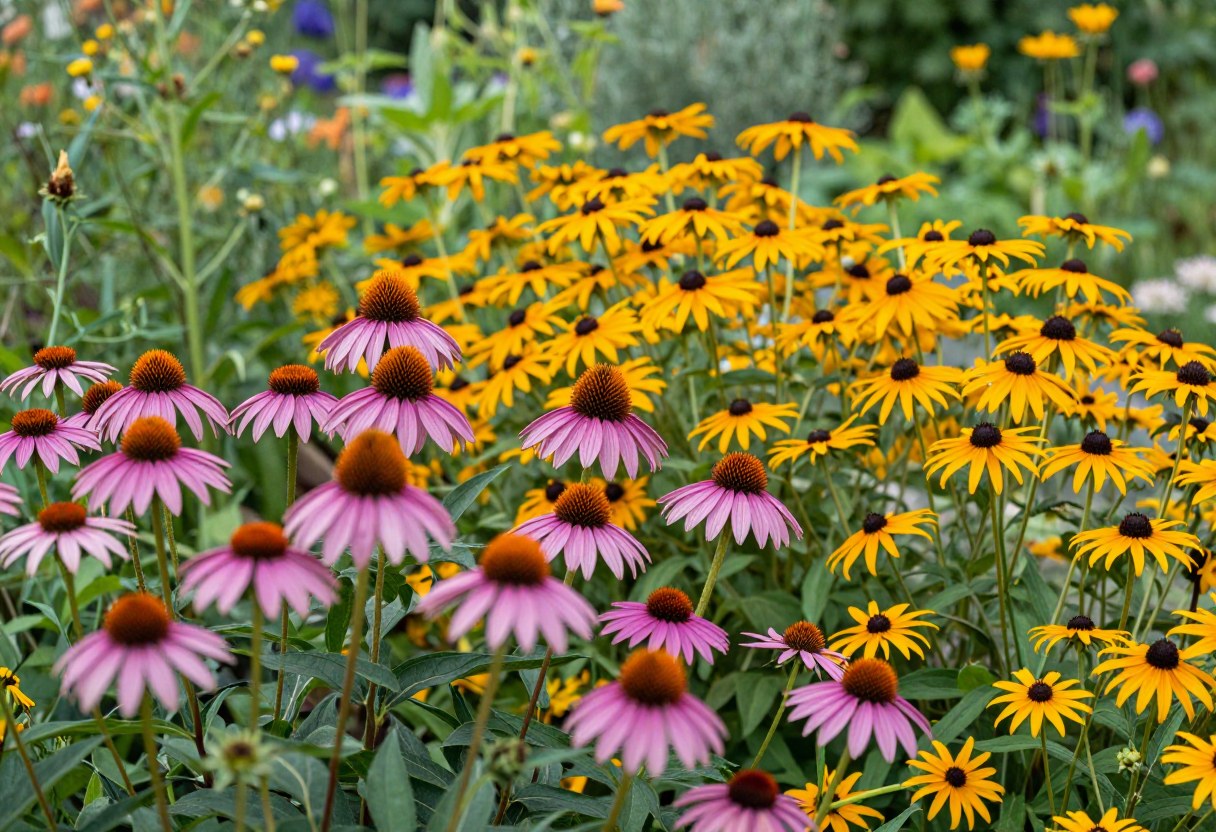 A wide native wildflower garden border with purple coneflowers, black-eyed susans, and orange milkweed blooming together