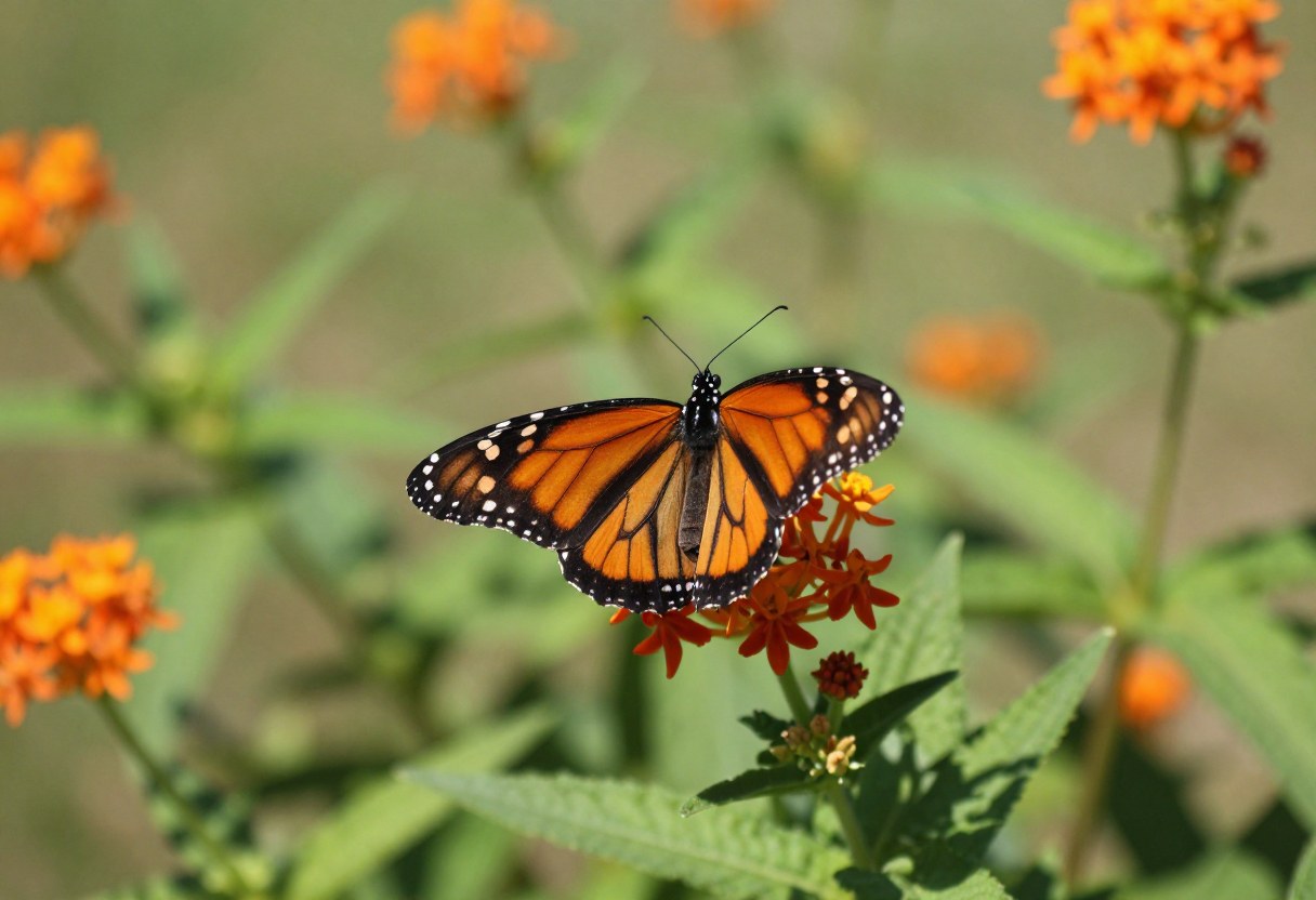 A monarch butterfly perched on orange milkweed flowers in a sunny garden