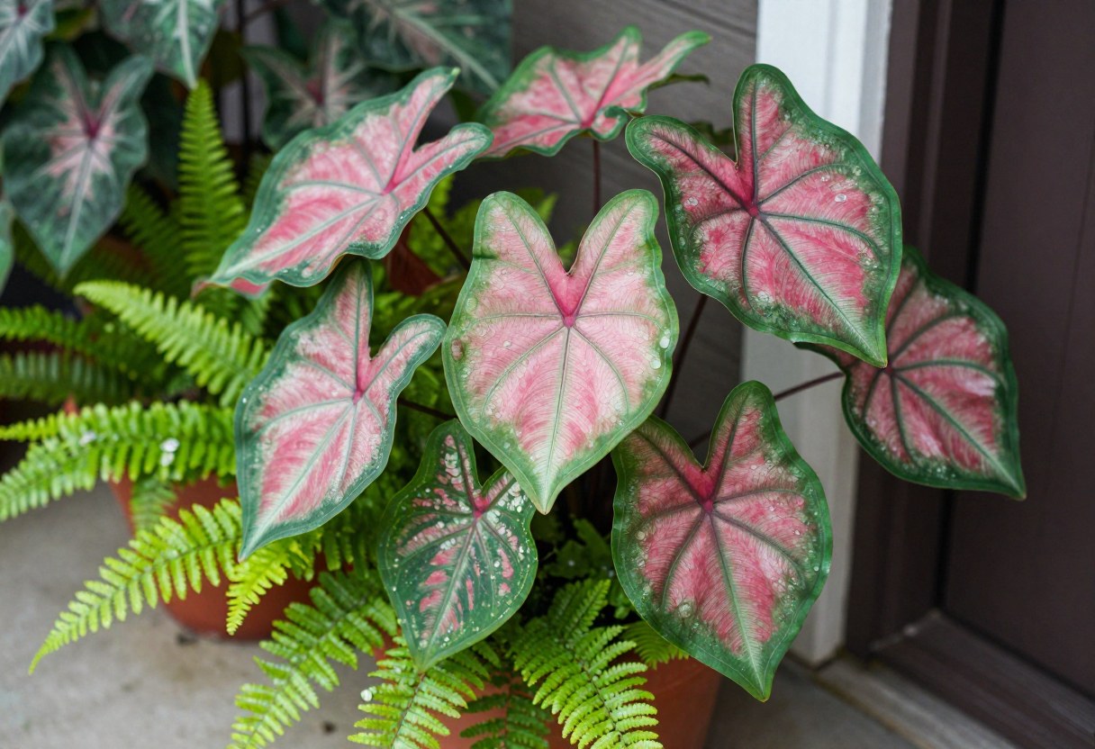 Colorful caladium leaves and green ferns growing together in containers on a shaded porch
