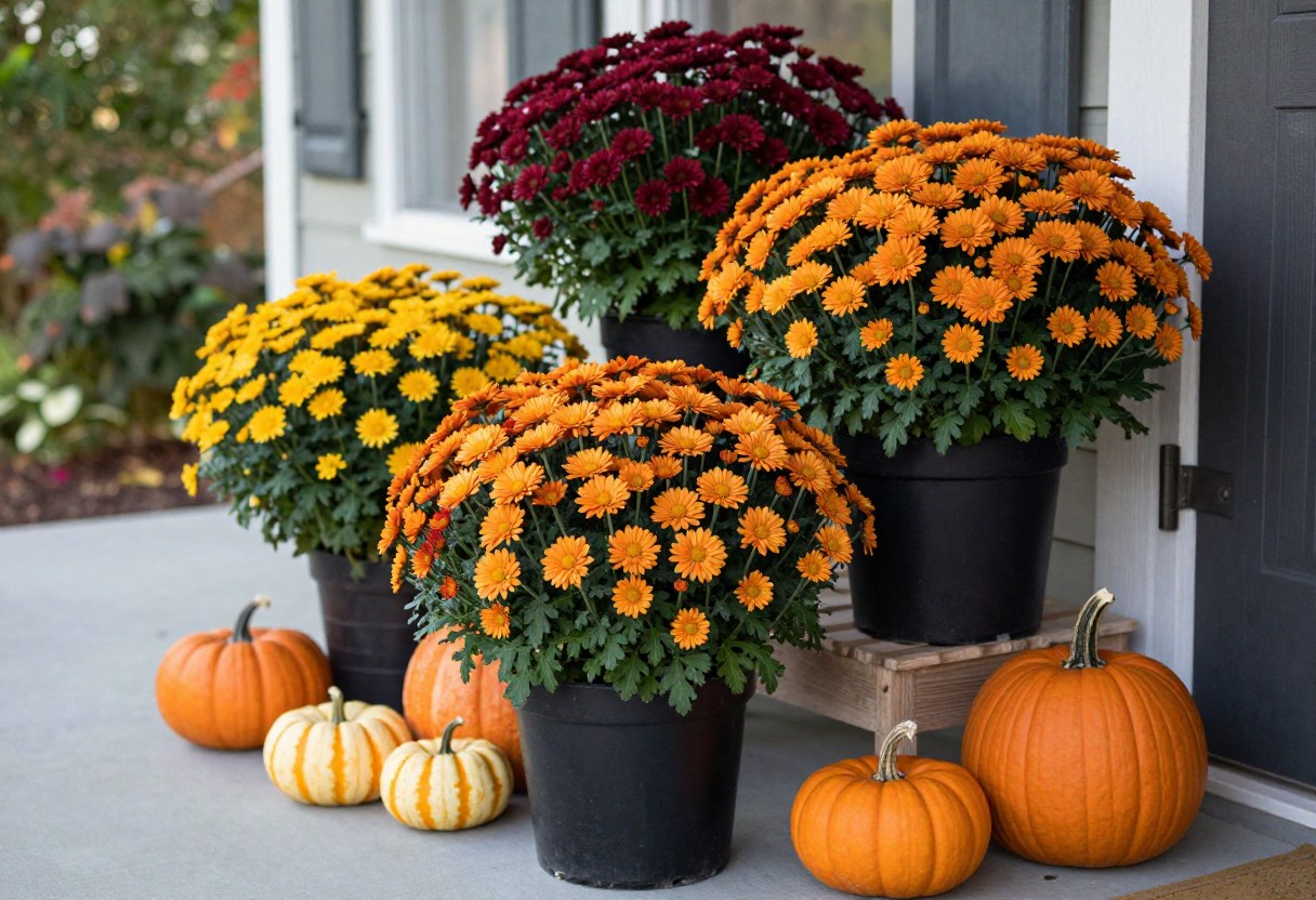 Orange and burgundy chrysanthemums in containers on a porch with small pumpkins, autumn display