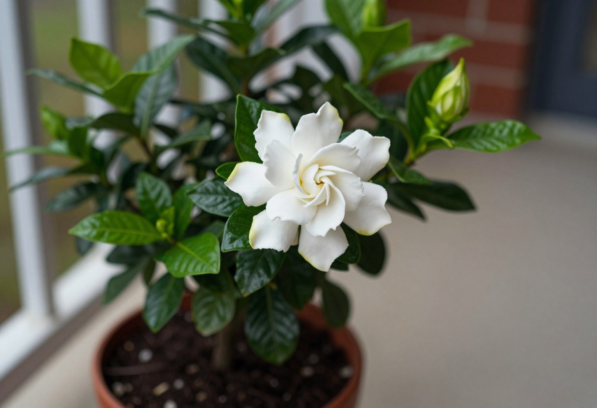 A white gardenia flower blooming on a potted plant on a porch, glossy dark green leaves