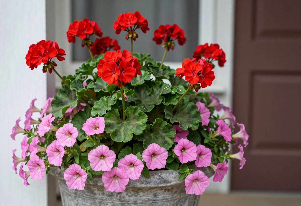 Close up of red geraniums and trailing pink petunias overflowing from a large porch container