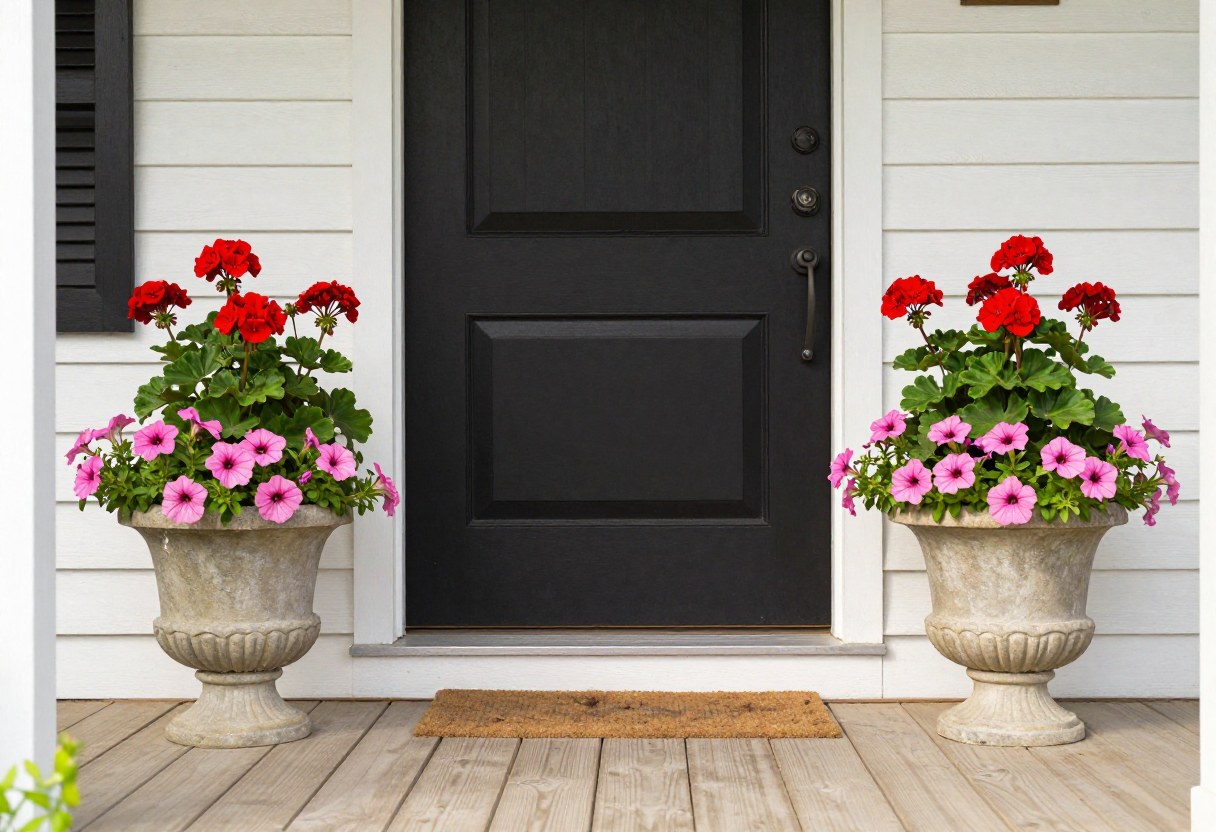 A sunny front porch with large flowering containers of red geraniums and pink petunias flanking the entrance steps