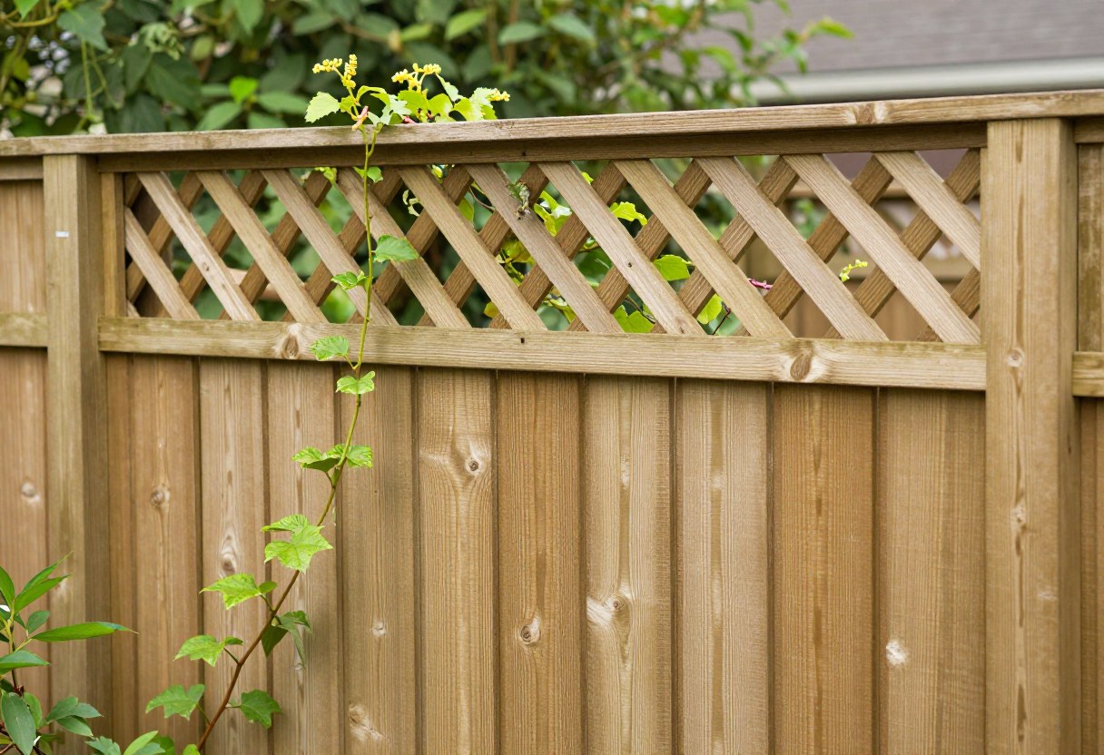 A wooden board-on-board privacy fence with a lattice top and climbing vines, backyard garden setting