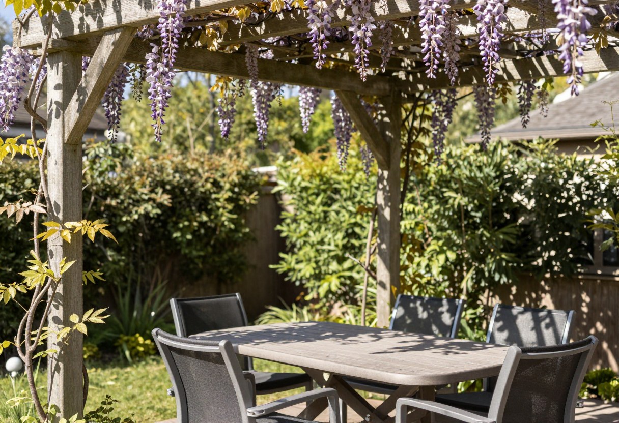 A wooden pergola with climbing wisteria vines over a backyard patio seating area, dappled shade