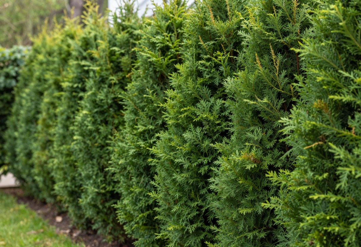 A tall lush green evergreen hedge of arborvitae trees forming a natural privacy wall along a backyard property line