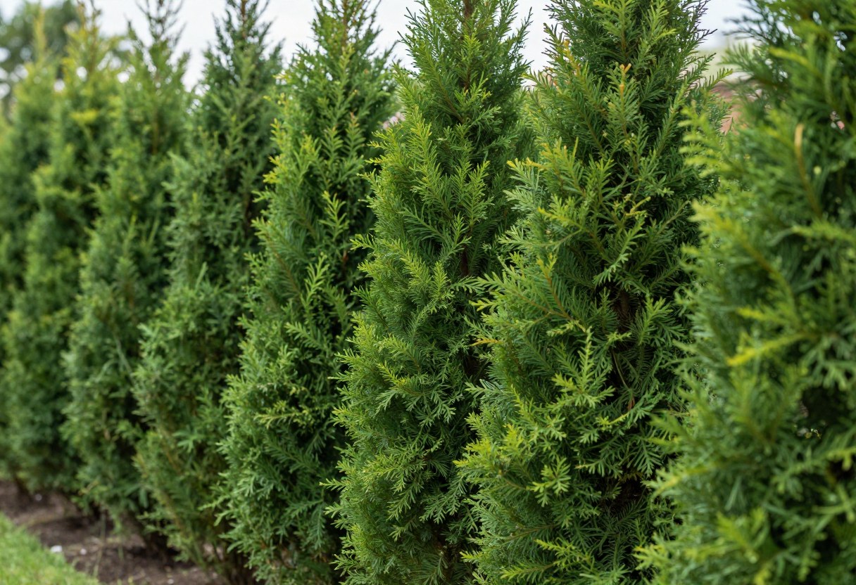 A row of tall thuja green giant arborvitae trees planted densely as a young privacy screen