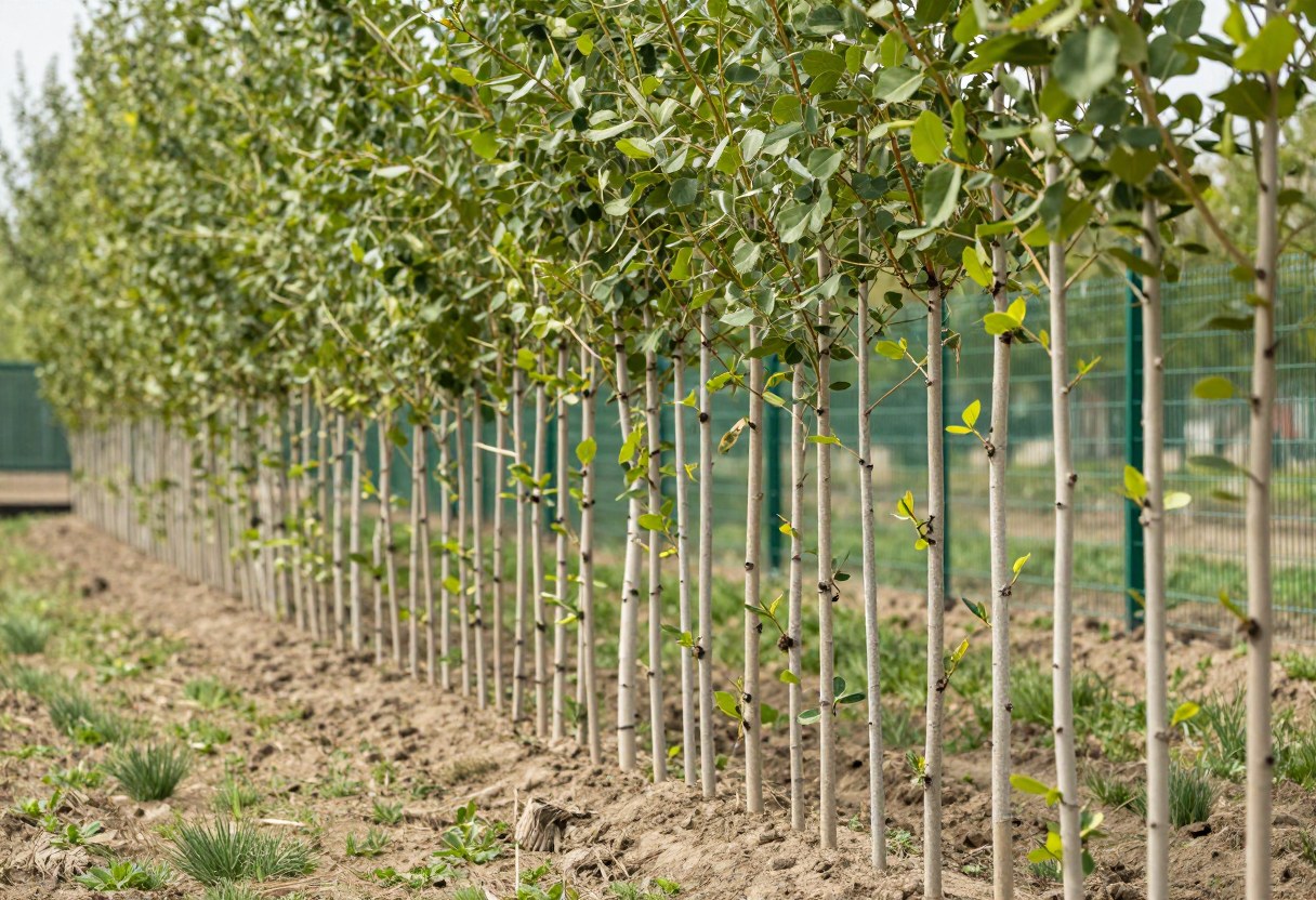 A row of fast growing young poplar trees planted as a temporary privacy screen along a fence line