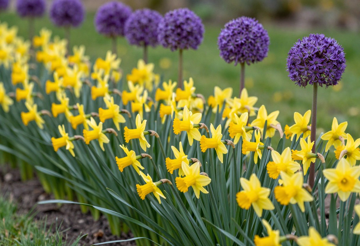 Yellow daffodils and purple ornamental allium flowers blooming together in a spring garden border
