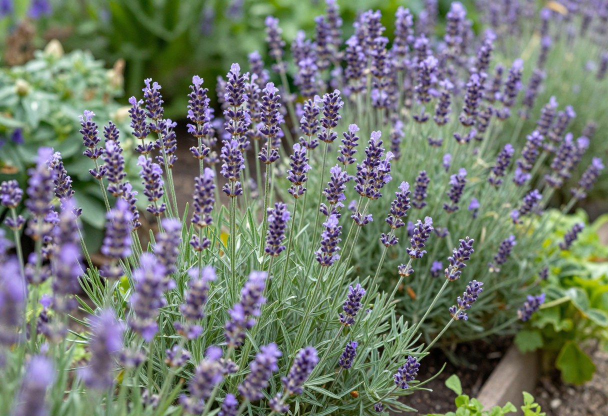 A lush garden border of lavender and catmint plants in full bloom, purple flowers