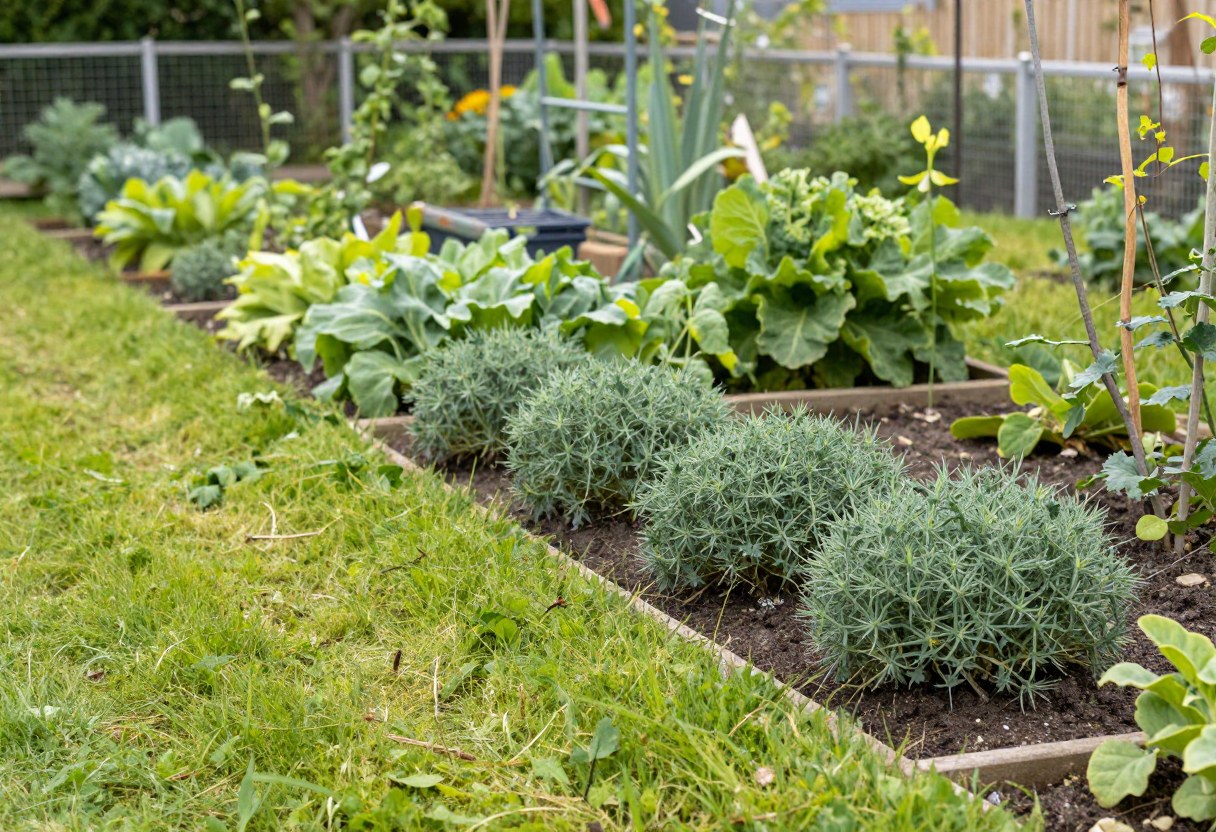 A tidy open garden edge with mowed grass and no brush piles, bordering a vegetable garden fence
