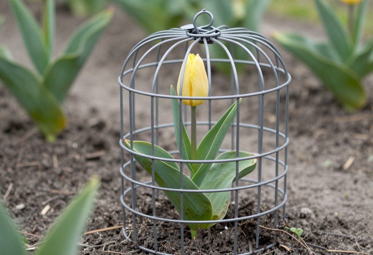 A small wire mesh cage protecting a young tulip plant in a garden bed