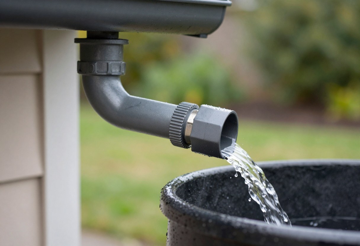 Close up of a downspout diverter fitting connected to a house gutter downspout directing water into a rain barrel