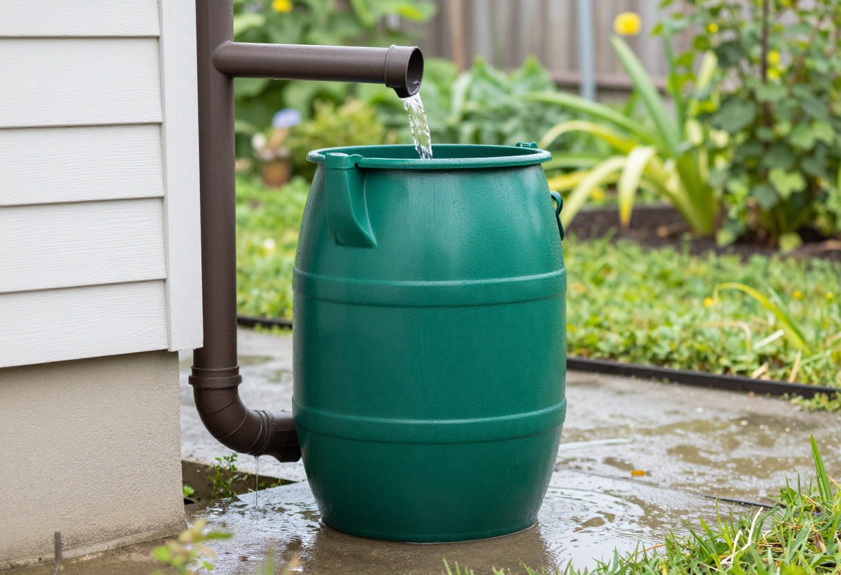 A green plastic rain barrel connected to a house gutter downspout, collecting rainwater in a backyard garden