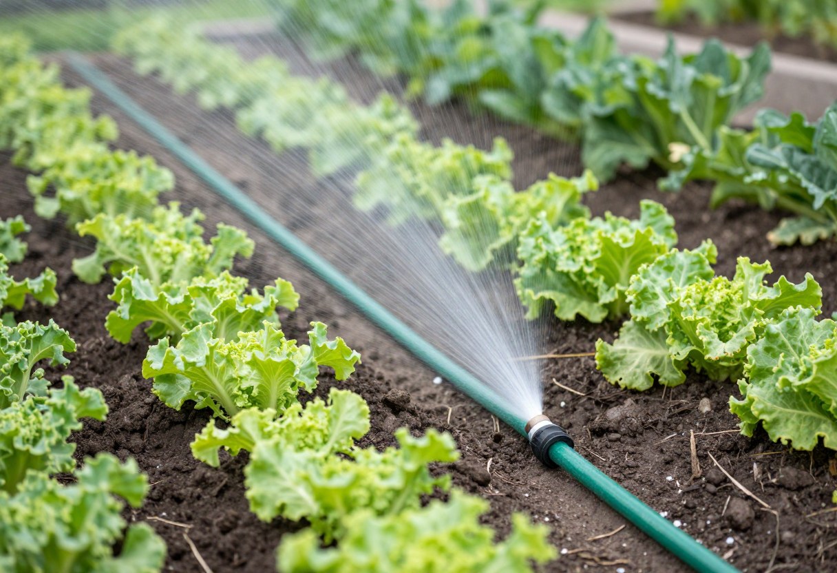 A soaker hose laid along rows of vegetable plants in a garden bed for low pressure irrigation