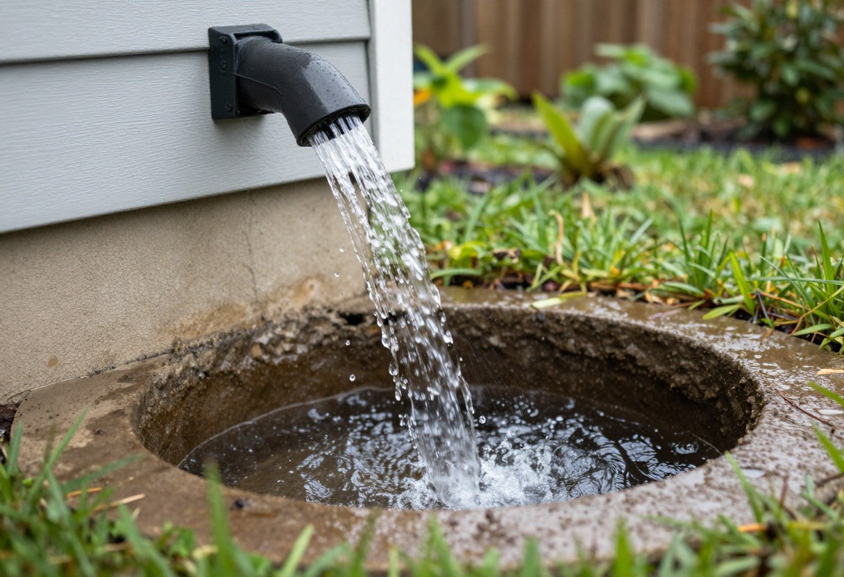 A shallow garden depression positioned below a house downspout, collecting rainwater during a rain shower