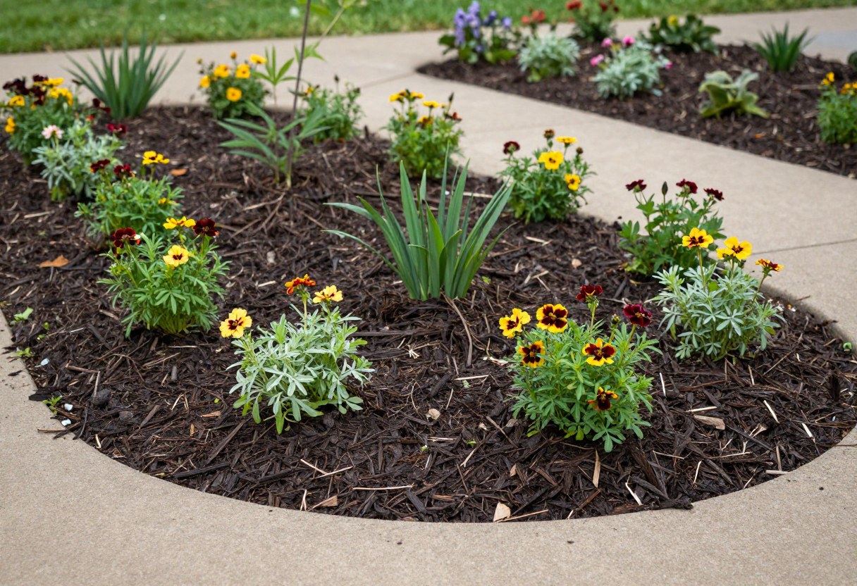 A newly planted rain garden bed with dark mulch and small native perennials arranged in a shallow bowl shape