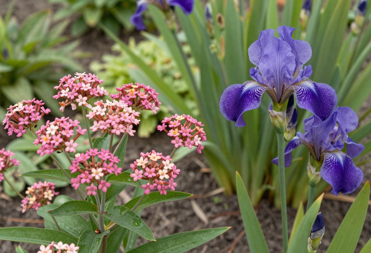 Pink swamp milkweed and blue flag iris blooming together in the wet zone of a rain garden