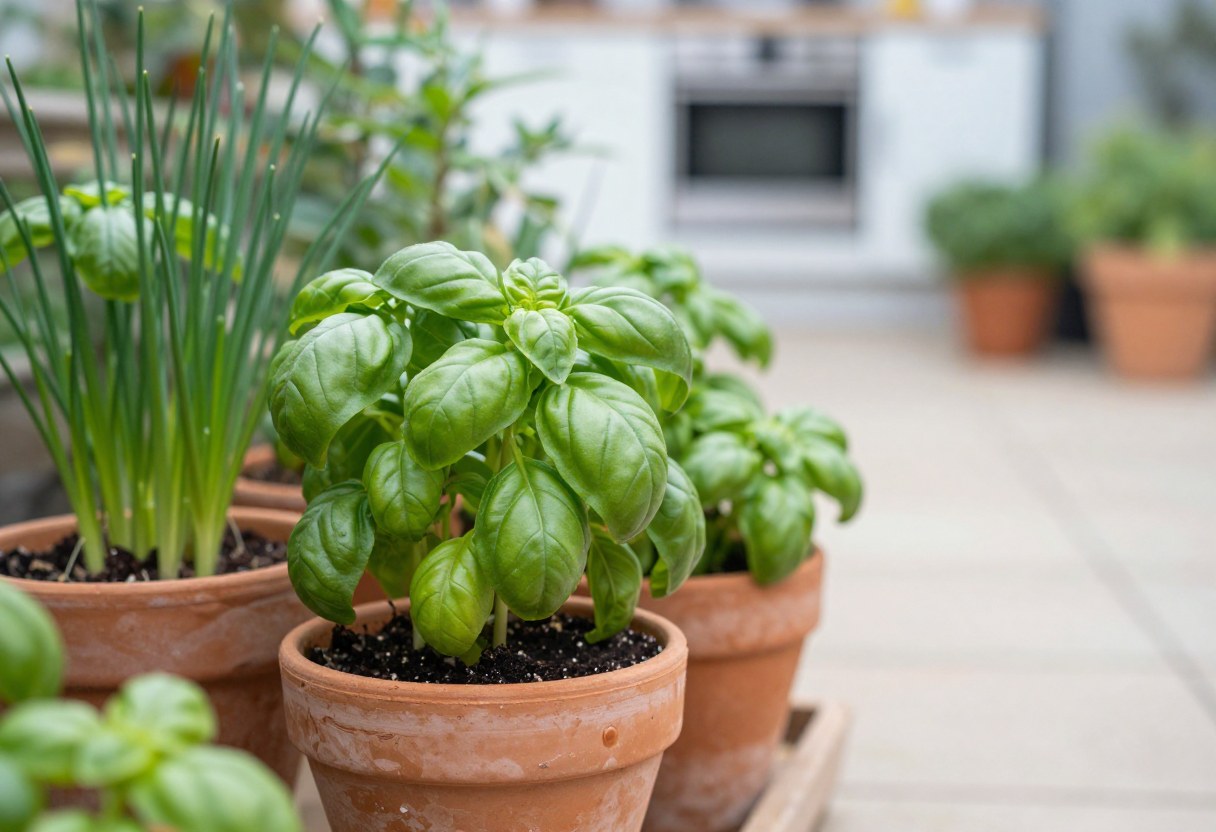 Fresh basil and chives growing in small terracotta pots near a kitchen garden path