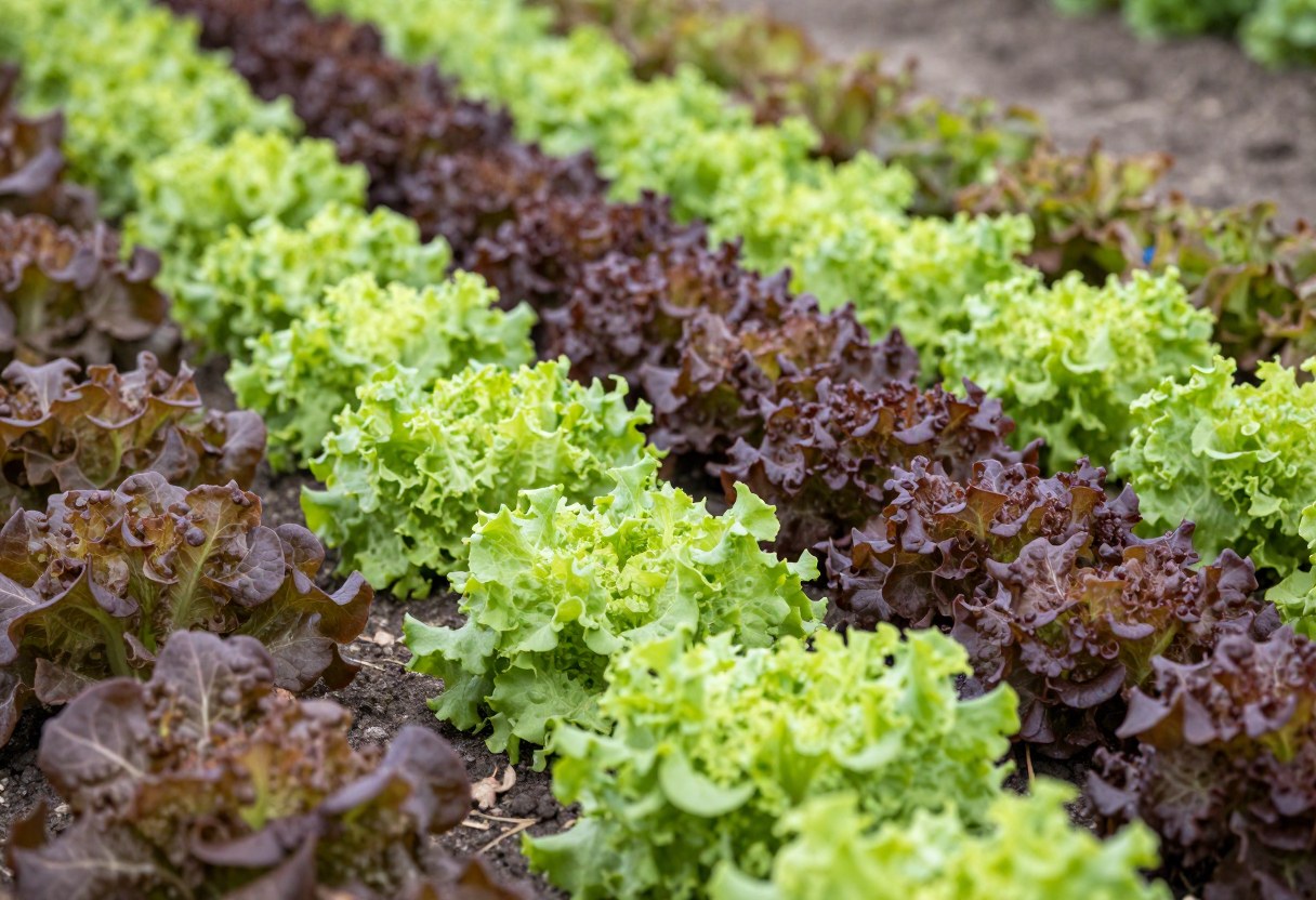 Rows of different colored lettuce varieties growing in a garden bed, red and green leaf lettuce