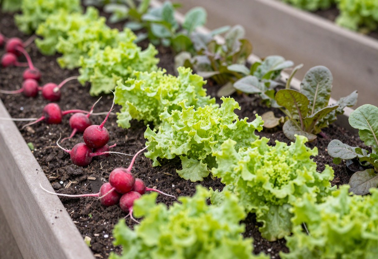 A raised garden bed with rows of lettuce, radishes, and leafy greens growing together