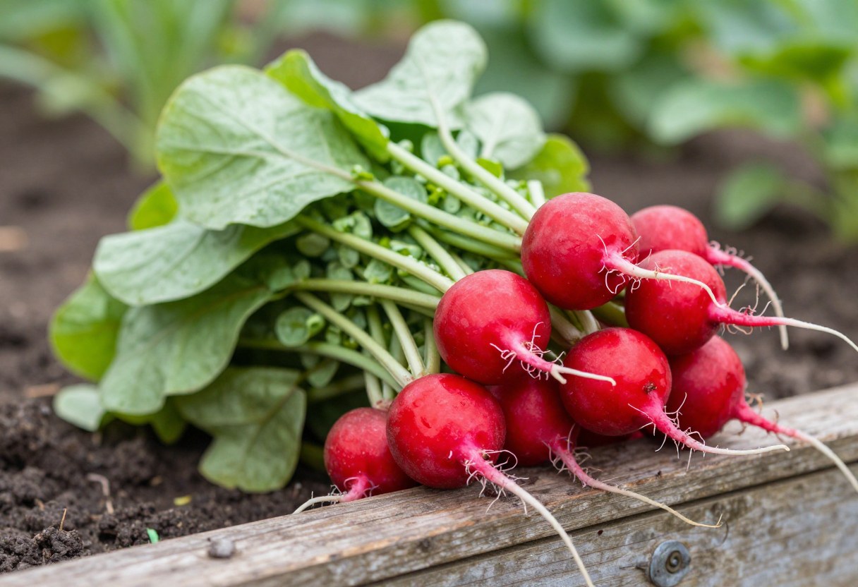 Freshly harvested red radishes with green tops piled on a wooden garden bed edge