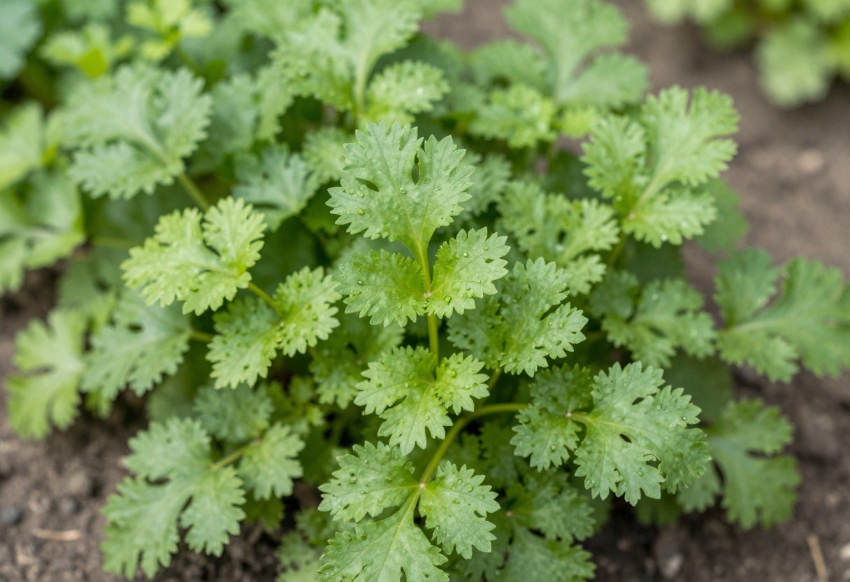 Fresh cilantro leaves growing densely in a garden bed, close up