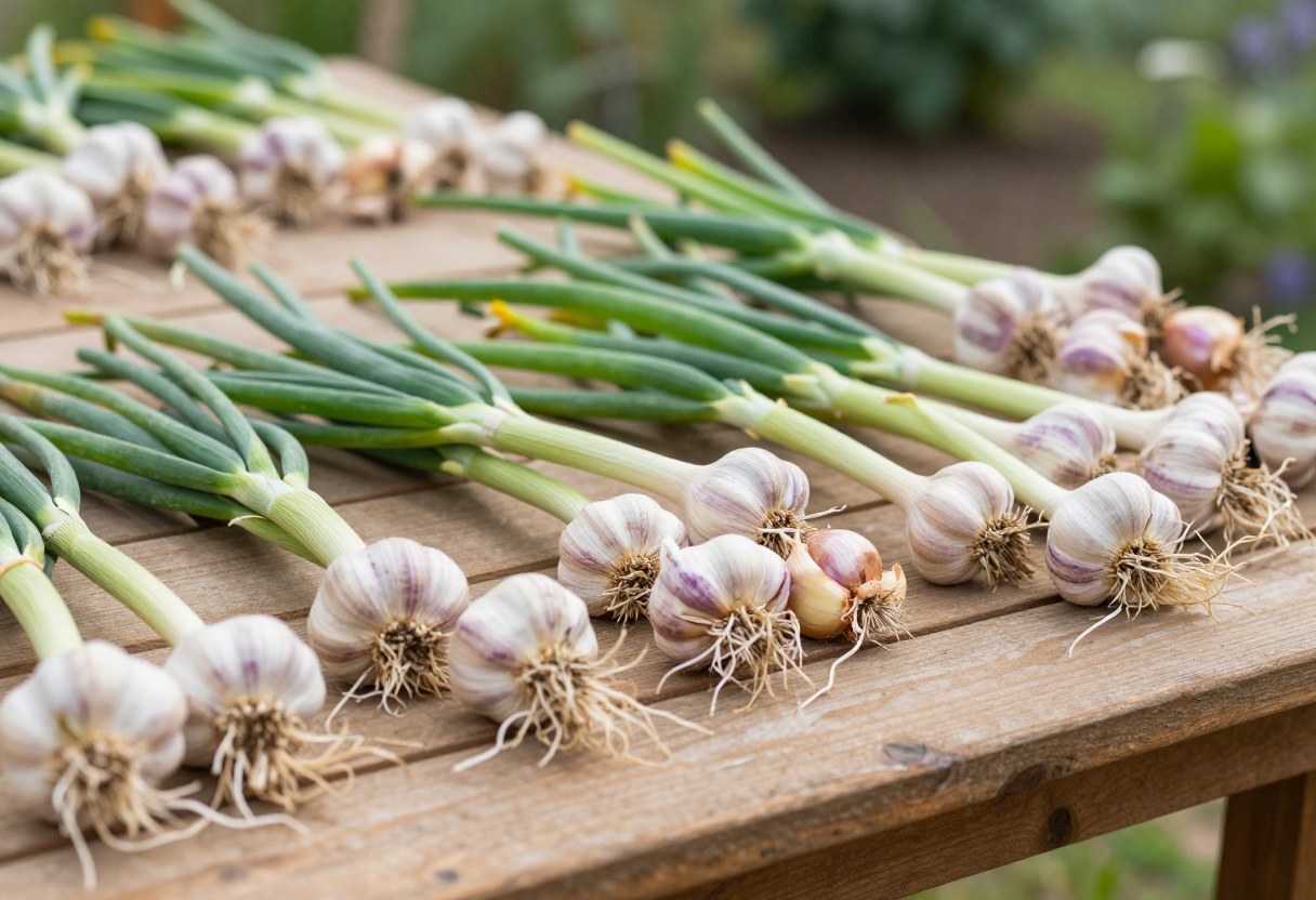 Freshly harvested garlic bulbs and onions drying on a wooden table in a garden
