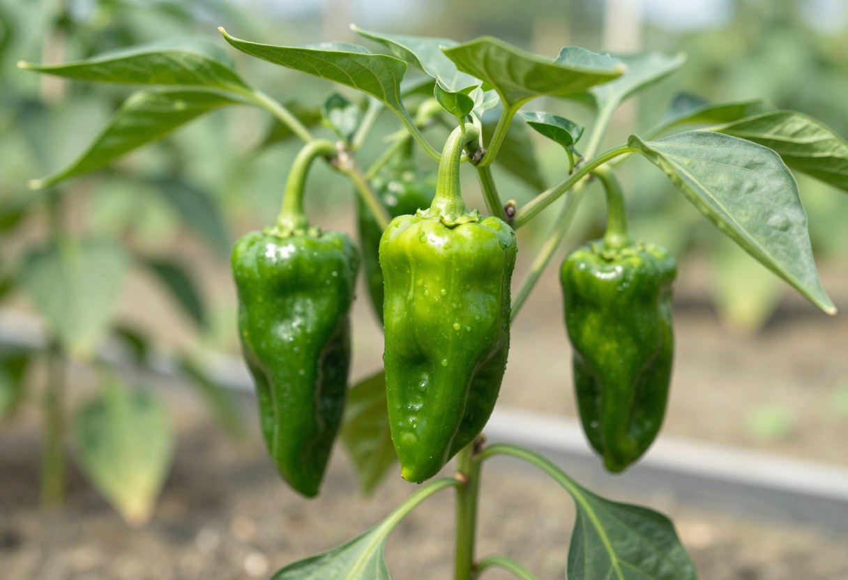 Green jalapeno peppers growing on a pepper plant in a vegetable garden