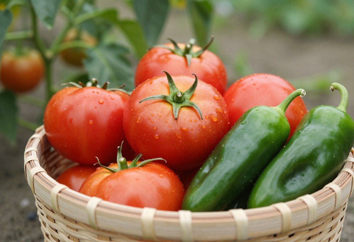 A basket of freshly harvested red tomatoes and green jalapeno peppers