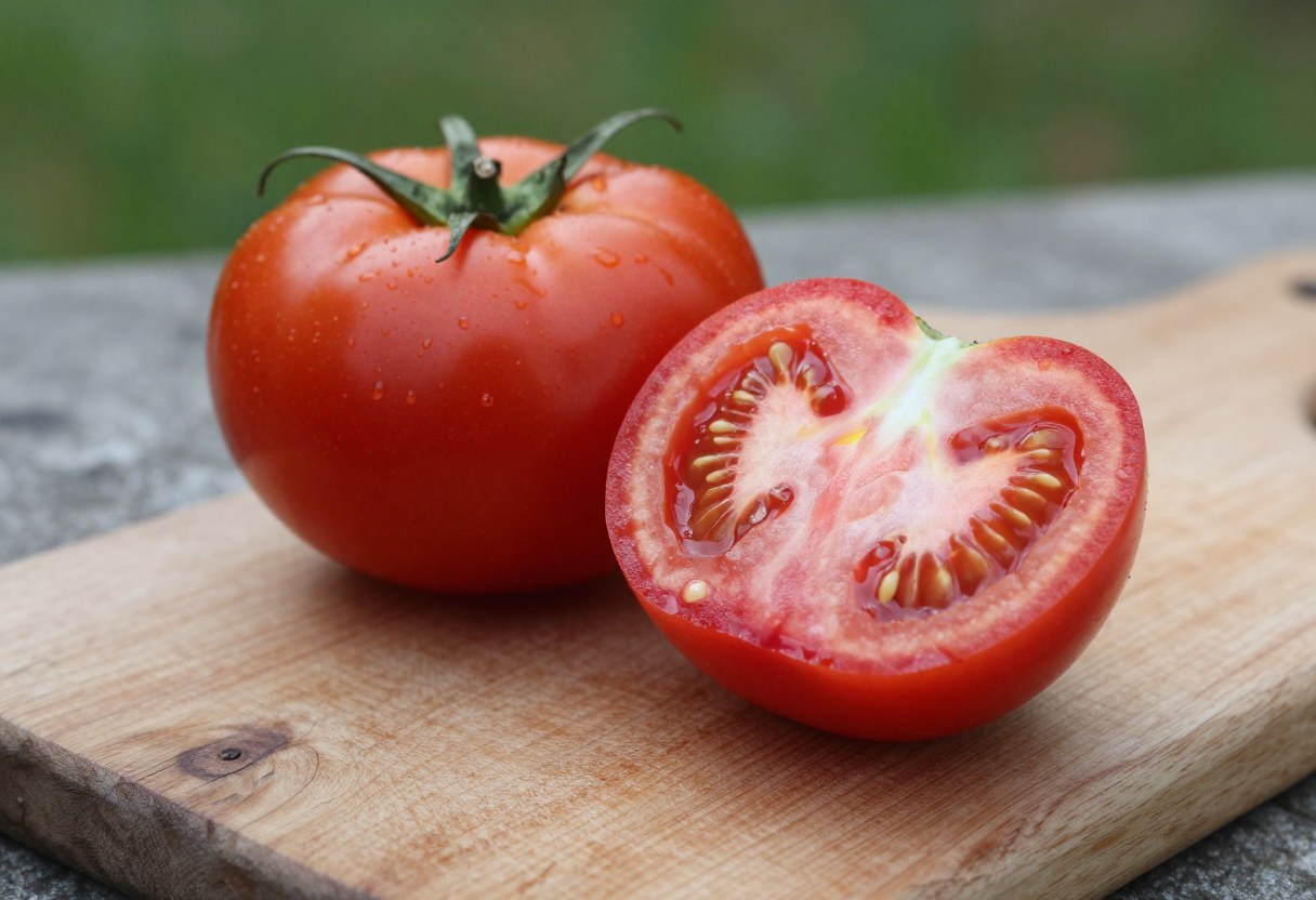 A ripe red tomato cut in half showing seeds and gel inside, on a rustic wooden cutting board