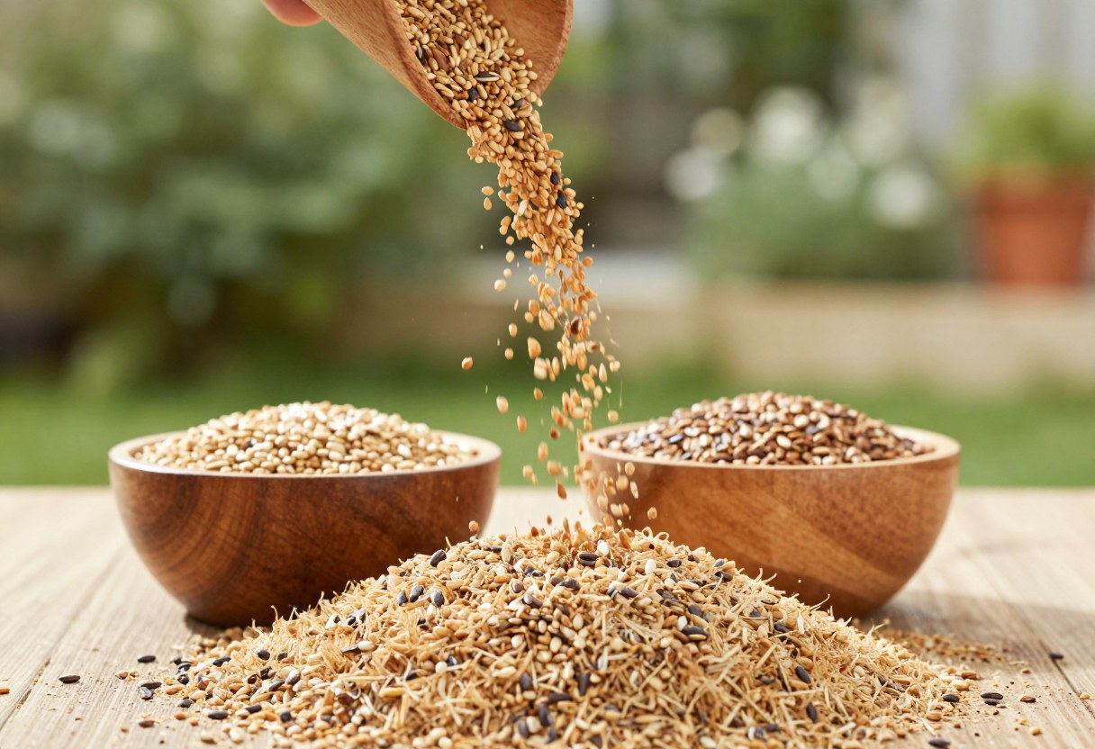 Pouring dried seeds and chaff between two wooden bowls outdoors to winnow them in a gentle breeze