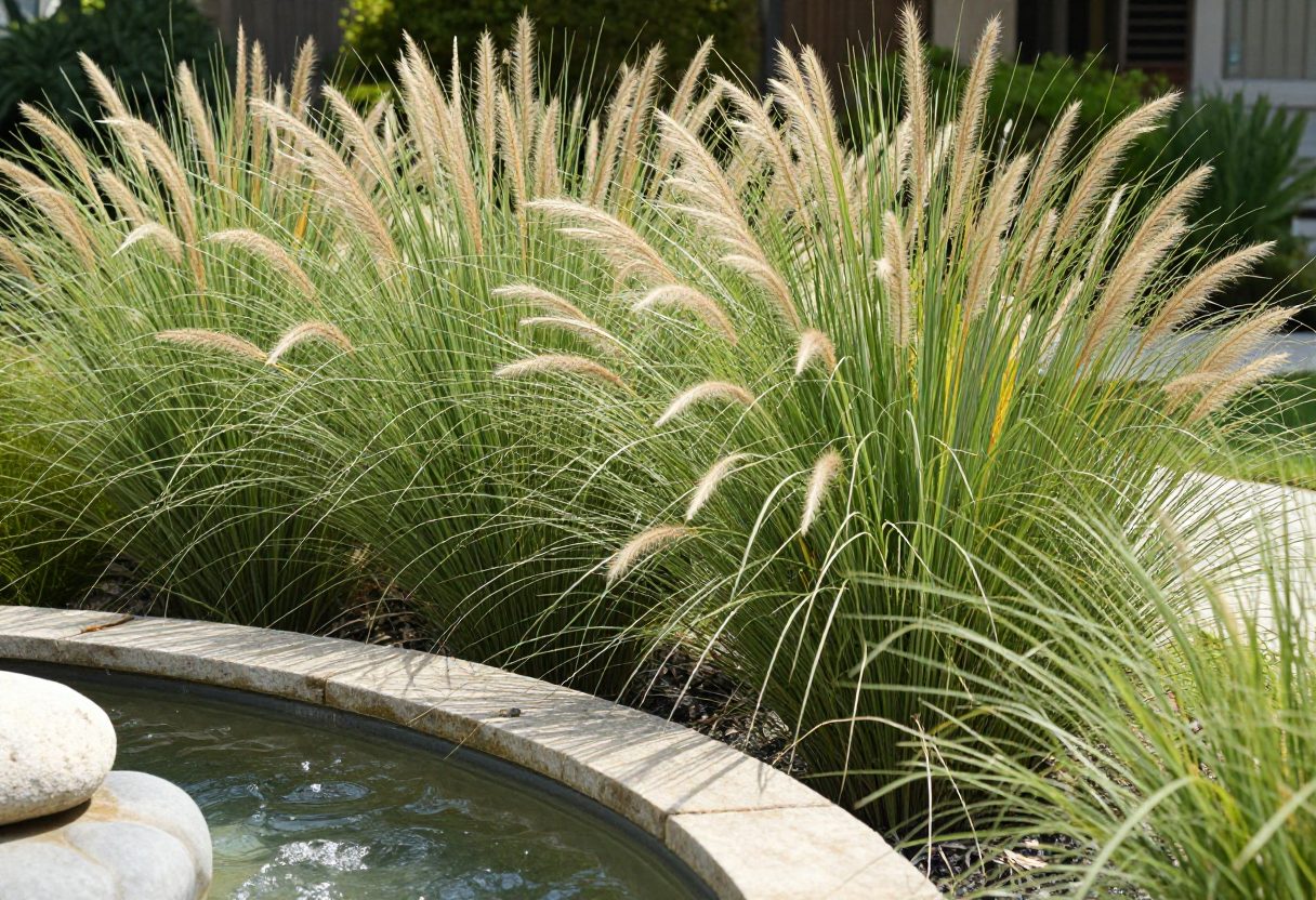 Ornamental grasses swaying near a small recirculating water feature in a garden