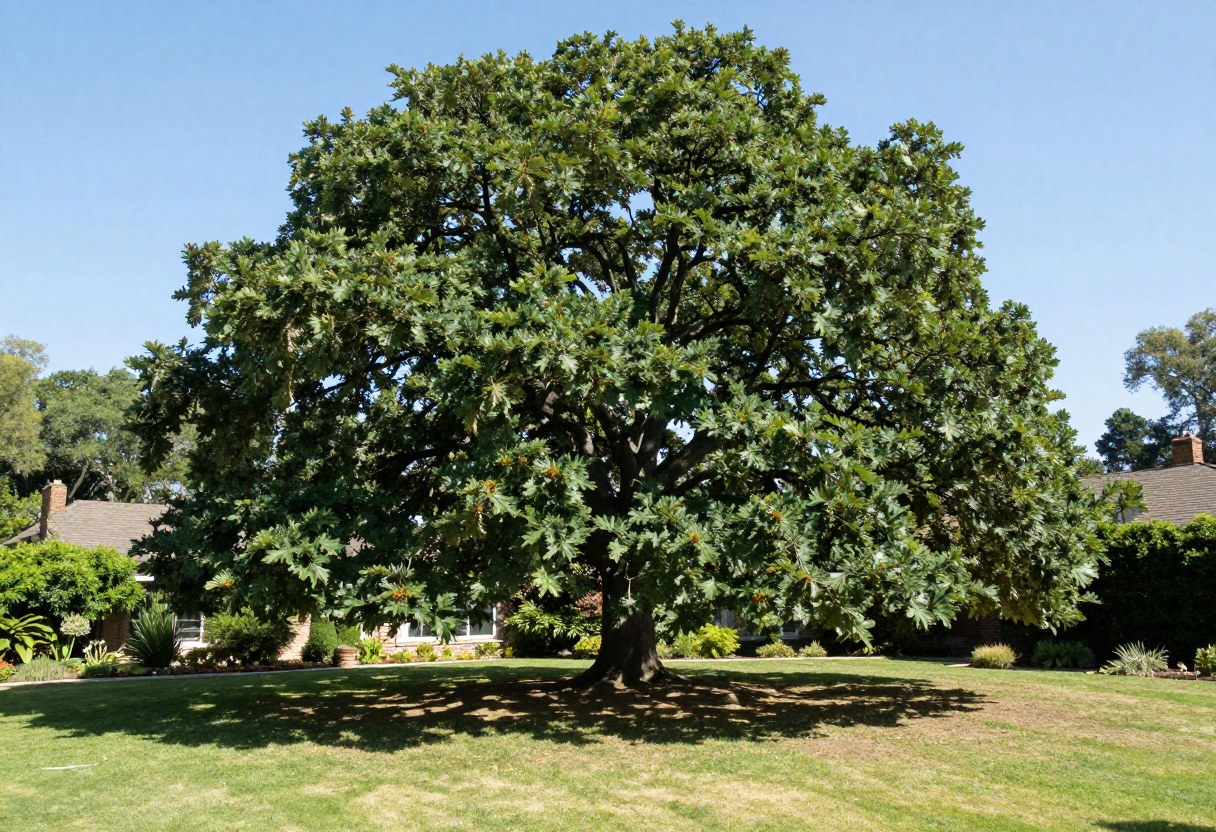 A single massive mature oak tree with a full dense green canopy casting dappled shade over a residential lawn