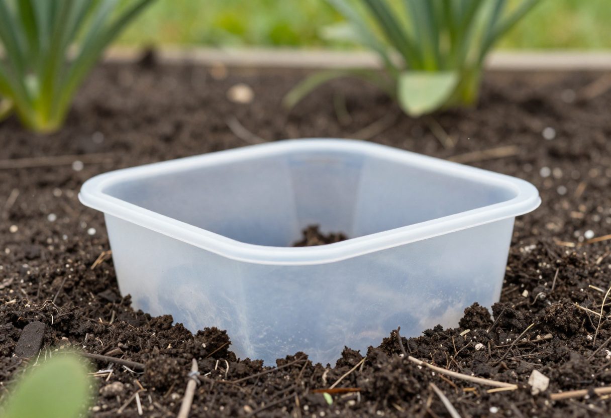 A shallow container sunk into garden soil at ground level as a beer trap for slugs