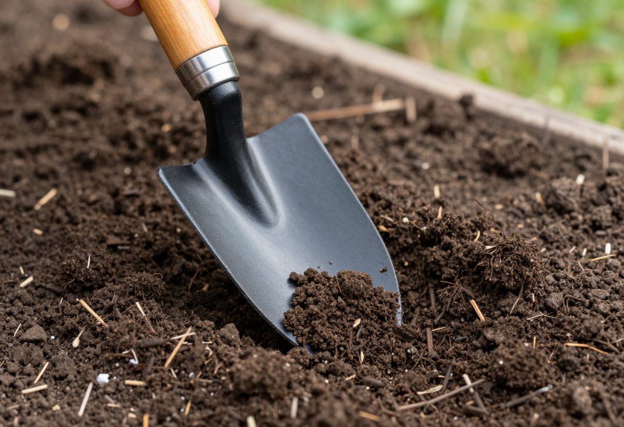 A trowel taking a soil sample from a garden bed, showing dark rich earth