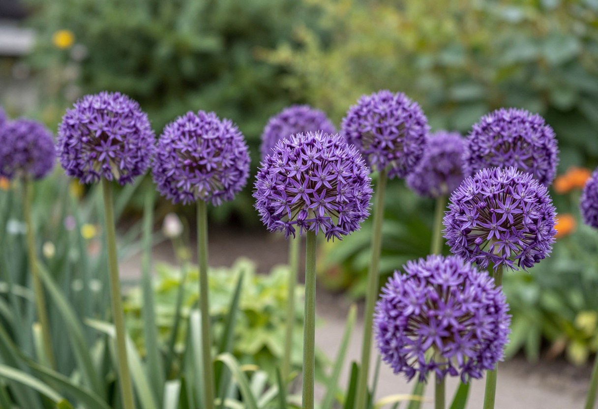 Large purple allium flower globes on tall stems in a garden border
