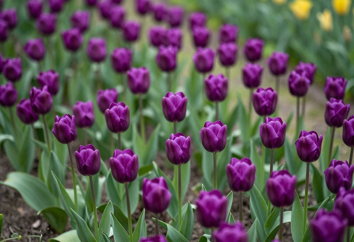 A dense planting of purple tulips in full bloom in a garden bed