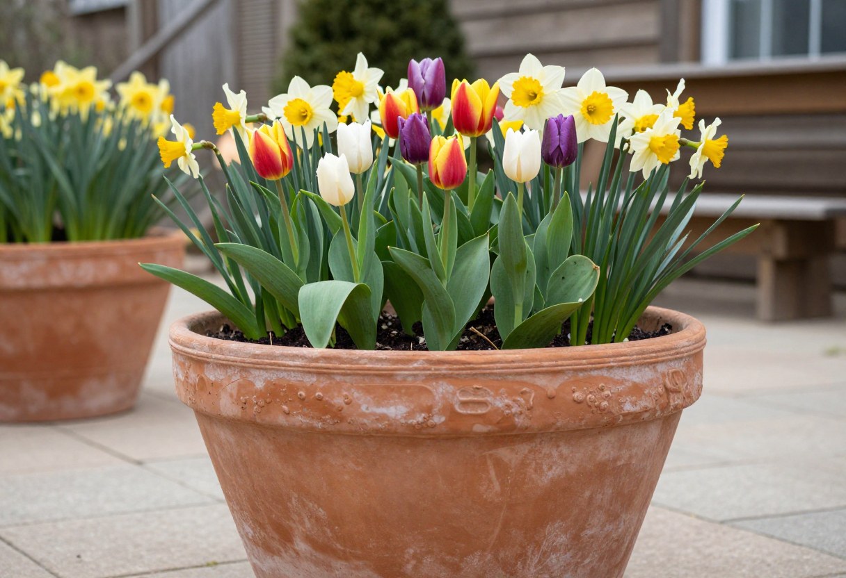 A large terracotta container planted with colorful tulips and daffodils on a patio
