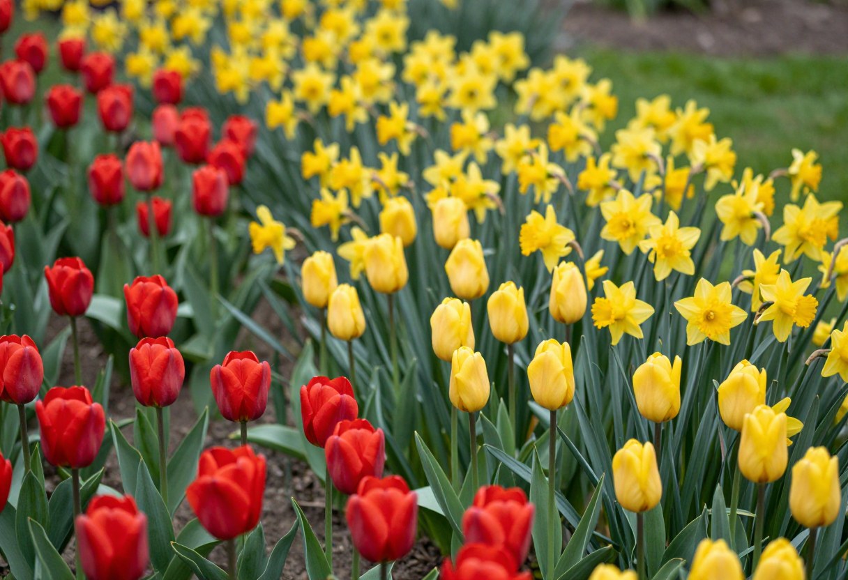 A colorful mixed garden border of red and yellow tulips blooming alongside golden daffodils in early spring